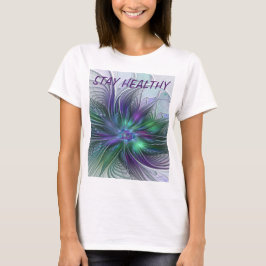 Camiseta Flor Verde Roxo Moderna Abstrato de Arte Fractal