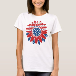Camiseta Flor Vermelho Branco e Azul com Estrelas