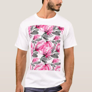 Camiseta Flor Vermelho Oriental: Padrão de Aquarela.