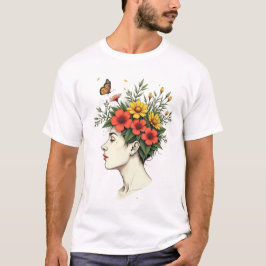 Camiseta Floração Serena - Mulher com Flor na Cabeça e Borb