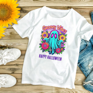 Camiseta Florais Neon da Moda Retro Fantasma Groovy Hallowe