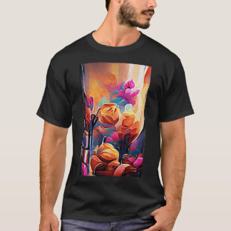 Camiseta Floral Abstrato Art Laranja Vermelho Azul Flores
