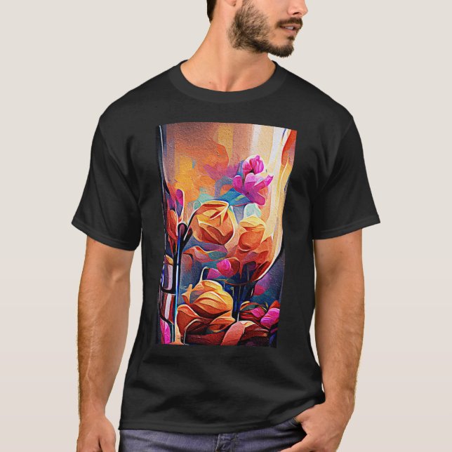 Camiseta Floral Abstrato Art Laranja Vermelho Azul Flores (Frente)