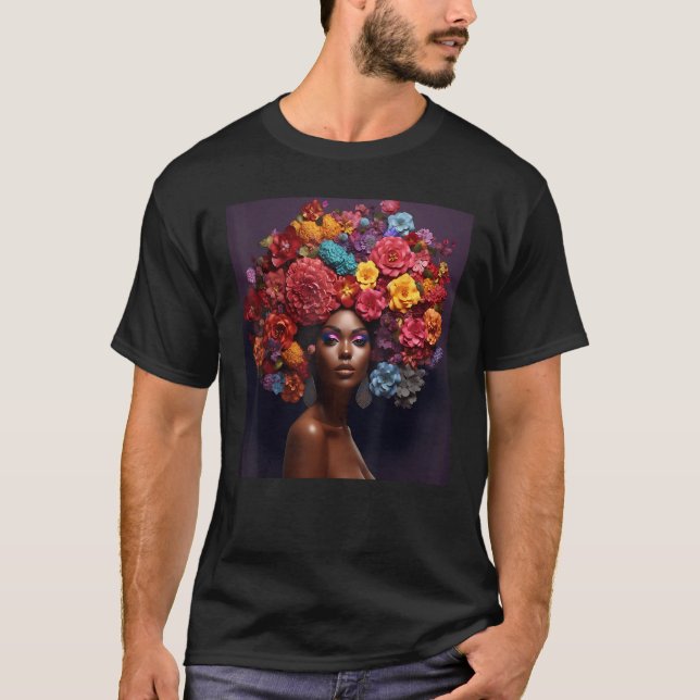 Camiseta Floral Afro Woman Black Queen Puff Melanin Rainbow (Frente)