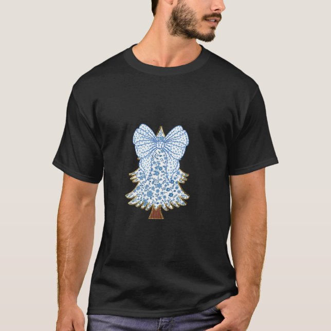 Camiseta Floral Azul de Árvore Coqueteira de Natal com Gran (Frente)