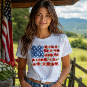 Camiseta Floral Bandeira Americana Patriótica Flor de Aquar