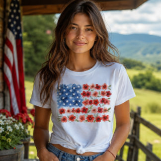 Camiseta Floral Bandeira Americana Patriótica Flor de Aquar