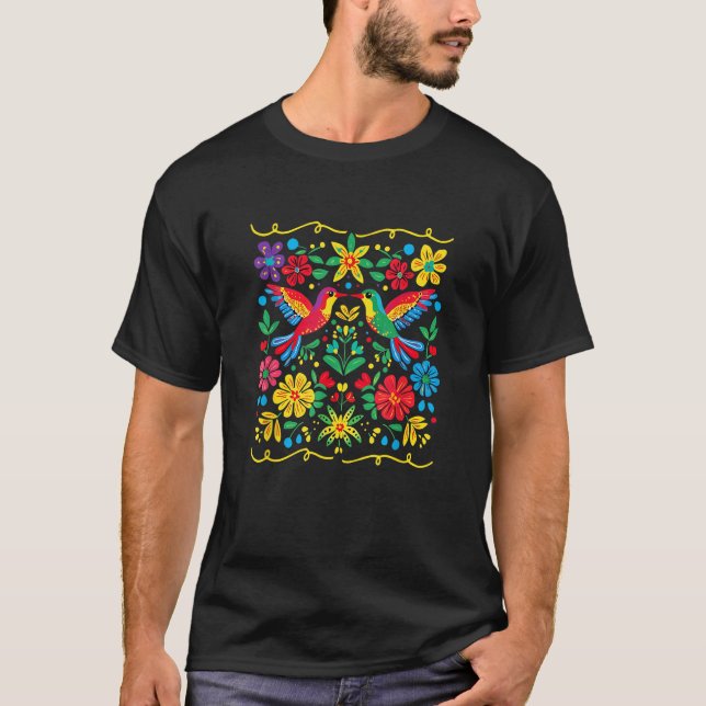 Camiseta Floral Bird Otomi Mexican Style Mexicano Mexicana  (Frente)