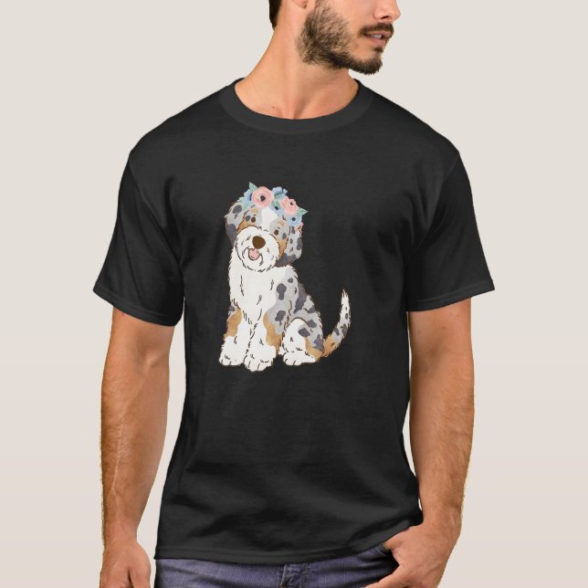 Camiseta Floral Blue Merle Aussiedoodle Aussie Doodle Mãe (Frente)