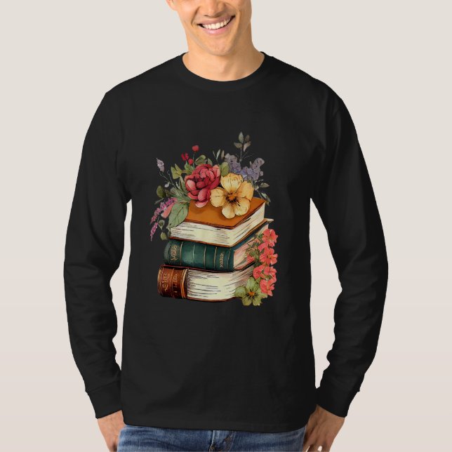 Camiseta Floral Book Stack Reading Book  Old Books Flowers (Frente)