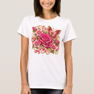 Camiseta Floral Borboleta Rosa Brilhante