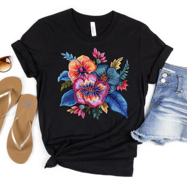 Camiseta Floral Bouquet Faux Embroidery Yarn Design (Bright Florals Faux Yarn Embroidery Flowers on this Women's T-shirt. Available in many styles, color)