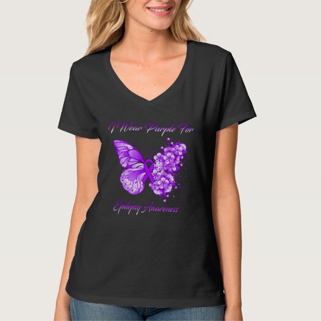 Camiseta Floral Butterfly Wear Purple Ribbon Epilepsy Month (Frente)