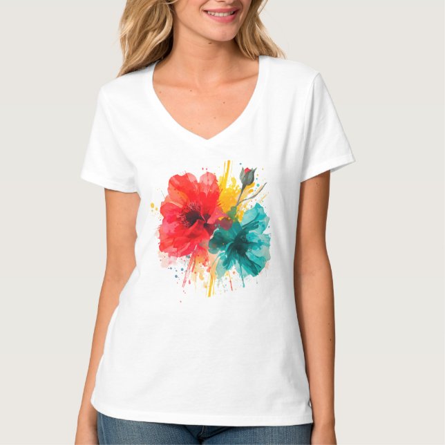 Camiseta Floral Colorida das Mulheres - (Frente)