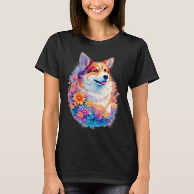 Camiseta Floral Corgi rainbow  Cute Dog Graphic (Frente)