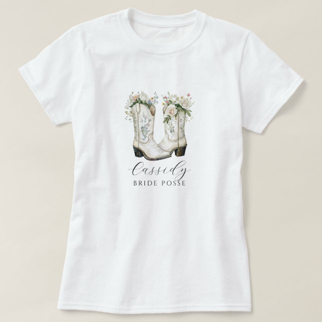 Camiseta Floral Cowgirl Boots Bride Posse Custom T-Shirt (Frente do Design)
