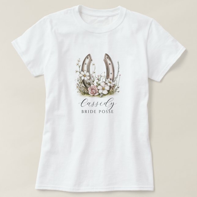 Camiseta Floral Cowgirl Bride Posse Floral Horseshoe (Frente do Design)