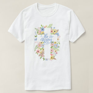 Camiseta Floral Cross Ele é Risen Páscoa Unisex
