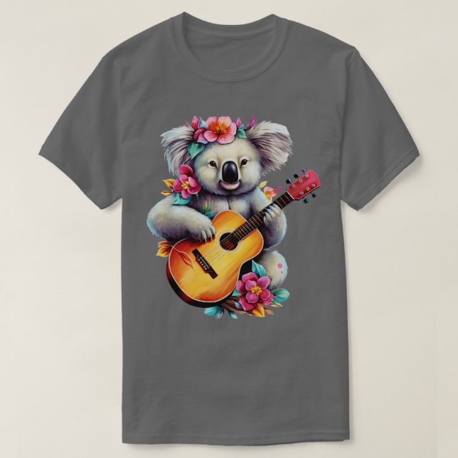 Camiseta Floral Cute Koala Tocando Violão (Frente do Design)