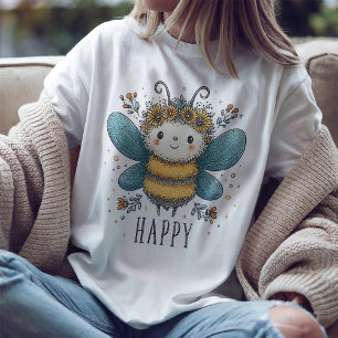 Camiseta Floral de Aquarela Feliz Abelha Fofa