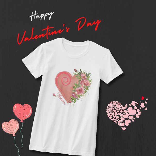 Camiseta Floral de Coração Rosa ( Pink Heart Floral T-Shirt )