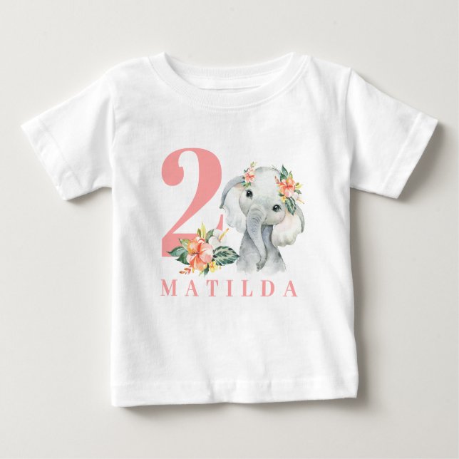 Camiseta floral de elefante segundo aniversário (Frente)