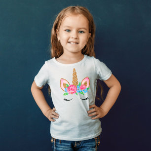 Camiseta Floral de Unicórnio com Brilho Dourado Fo