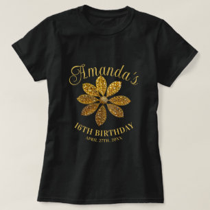 Camiseta Floral Dourado Brilho Flor Doce Aniversário de 16