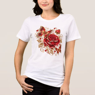 Camiseta Floral Elegante Rosa Vermelha e Borboleta