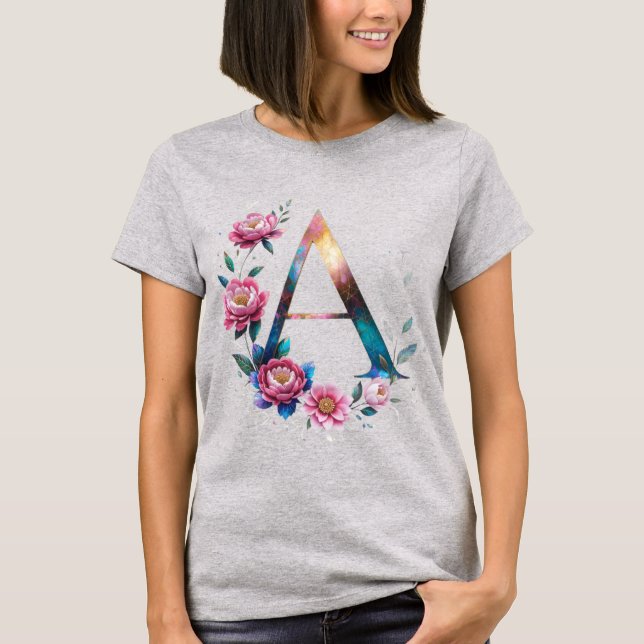 Camiseta Floral Elegante Um T-Shirt Inicial para Ela (Frente)