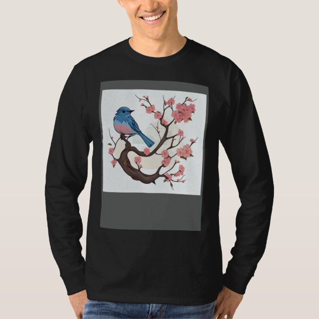 Camiseta Floral Fauna Eastern Blue Bird Pink Cherry Blossom (Frente)