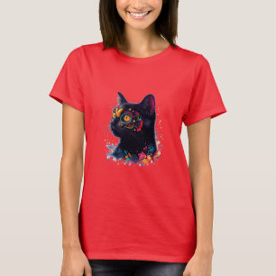 Camiseta Floral Feline Magic! Engrenagem de Gato Preto Cint