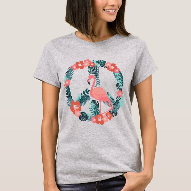Camiseta Floral Flamingo - Sinal de paz - Camisa-T rosa-bra (Frente)