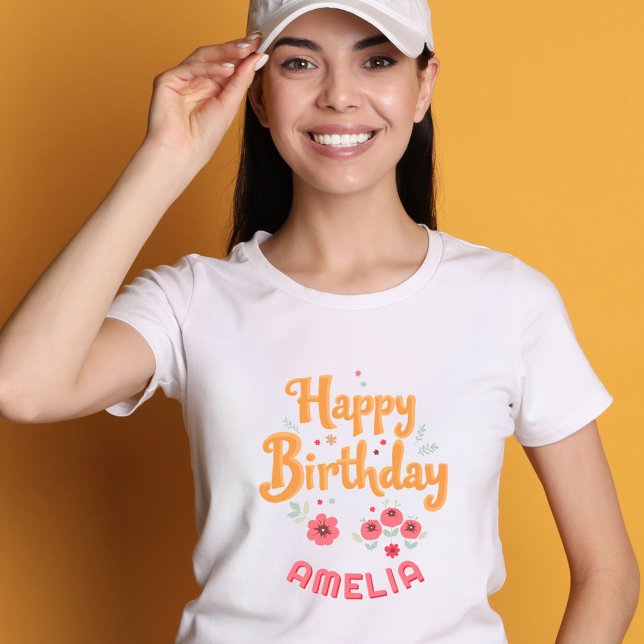 Camiseta Floral Flowers Happy Birthday Handlettering (Criador carregado)
