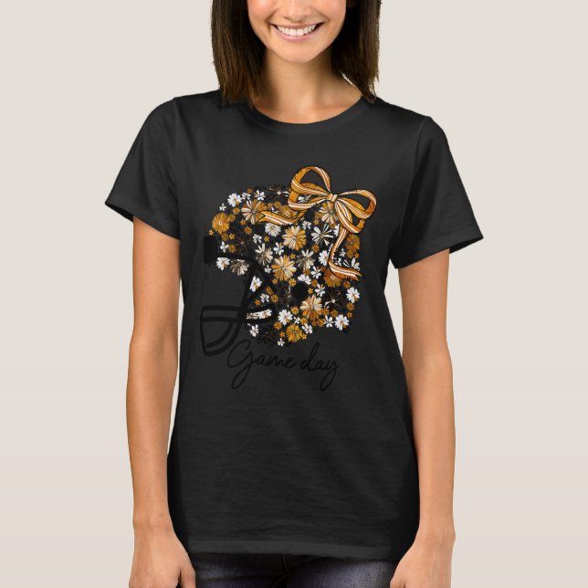 Camiseta Floral Football Game Day Girly Bow Team Srit Black (Frente)