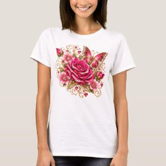 Camiseta Floral Glamour Borboleta Rosa