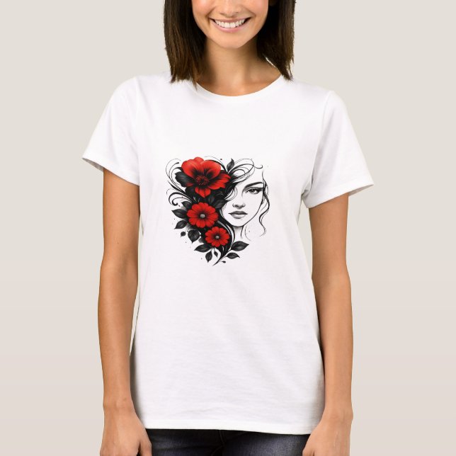 Camiseta Floral Ink Beauty – Red & Black Tattoo Art (Frente)