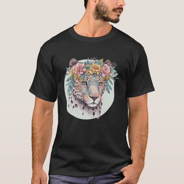 Camiseta Floral Jaguar Flower Crown Watercolor Animal (Frente)