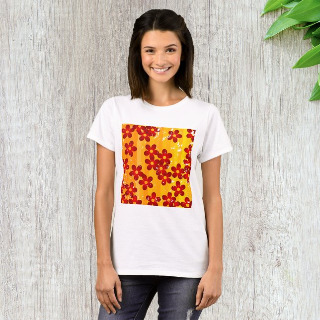 Camiseta Floral Laranja Vermelho Retro (Criador carregado)