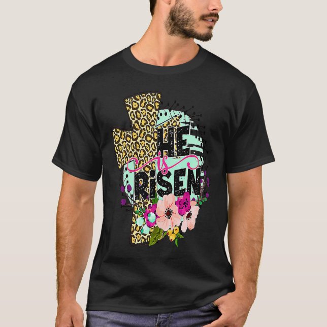 Camiseta Floral Leopard Cross He Risen Jesus Faith Christ G (Frente)
