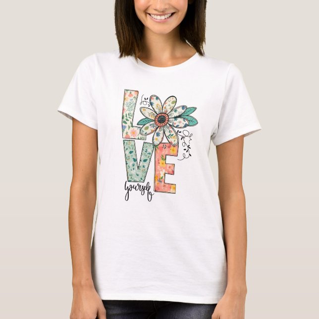 Camiseta Floral LOVE Retro Daisy Illustration T-Shirt (Frente)