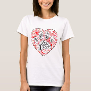 Camiseta Floral Mandala Dog Paw Print Red Heart