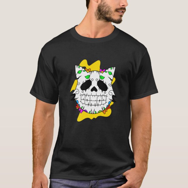 Camiseta Floral Mexican Cat Day of the Dead Dia De Muertos  (Frente)