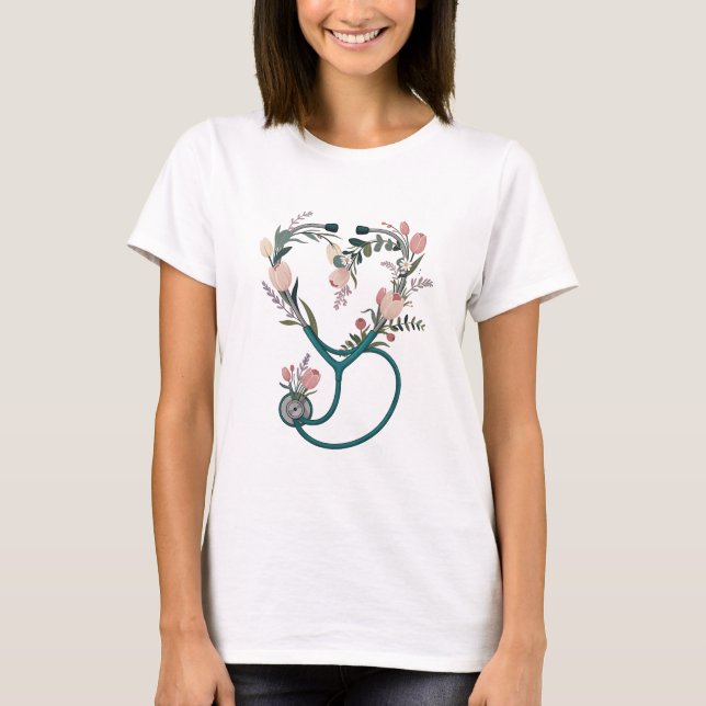 Camiseta Floral Nurse Stethoscope T-Shirt – Soft Pastel  (Frente)
