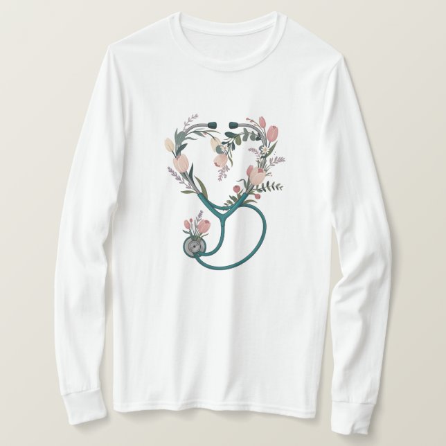 Camiseta Floral Nurse Stethoscope T-Shirt – Soft Pastel  (Frente do Design)