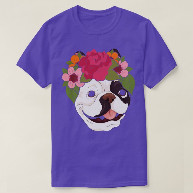 Camiseta Floral Pet Flower Crown Dog Raça Bulldog Francês (Frente do Design)