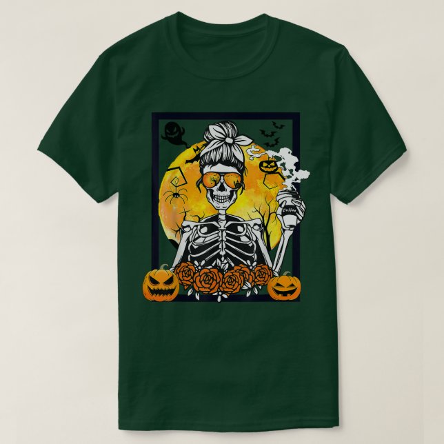 Camiseta Floral Pumpkin Skeleton Messaging Bun Bebendo Café (Frente do Design)