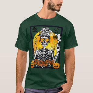 Camiseta Floral Pumpkin Skeleton Messaging Bun Bebendo Café