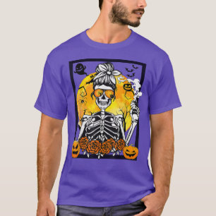Camiseta Floral Pumpkin Skeleton Messy Bun Drinking Coffee 