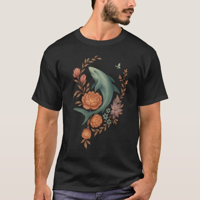 Camiseta Floral Shark Harmony - Nature & Ocean Fusion Art (Frente)